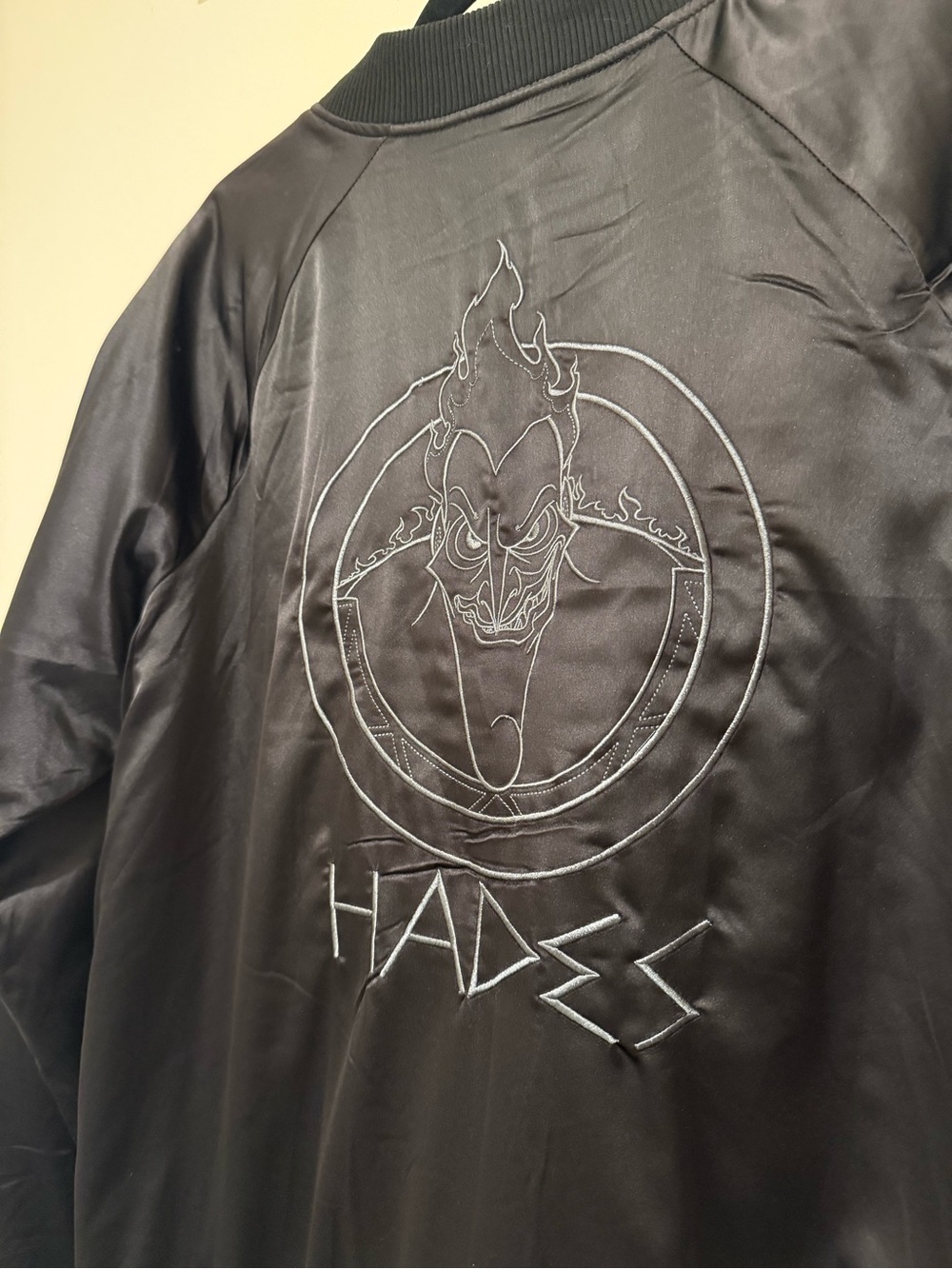 Disney Hercules Hades Black Satin Bomber Jacket with Subtle Embroidered Logo